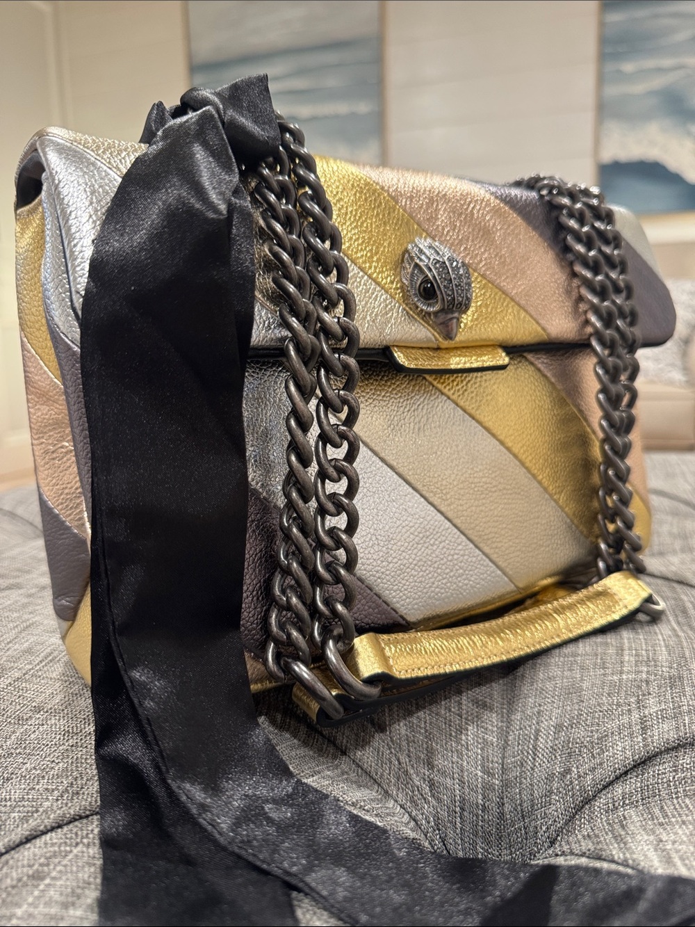 Kurt Geiger Bag Large Kensington Metallic Gold Silver Gray Stripe Shoulder Bag - Picture 3 of 17